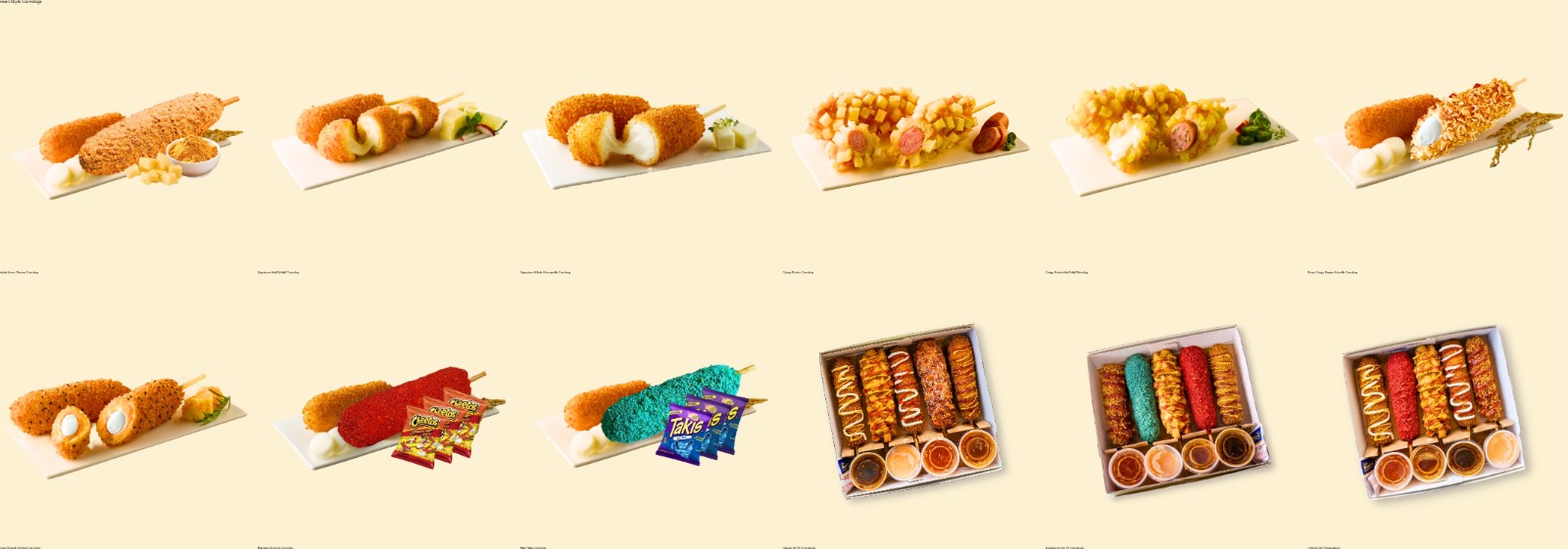 Three Korean rice corndogs on sticks